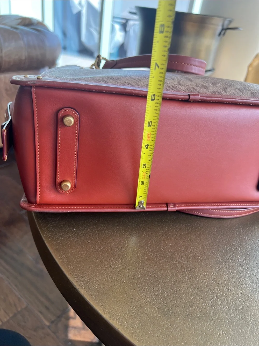 Coach Brown Signature Monogram Satchel with Burgundy Trim